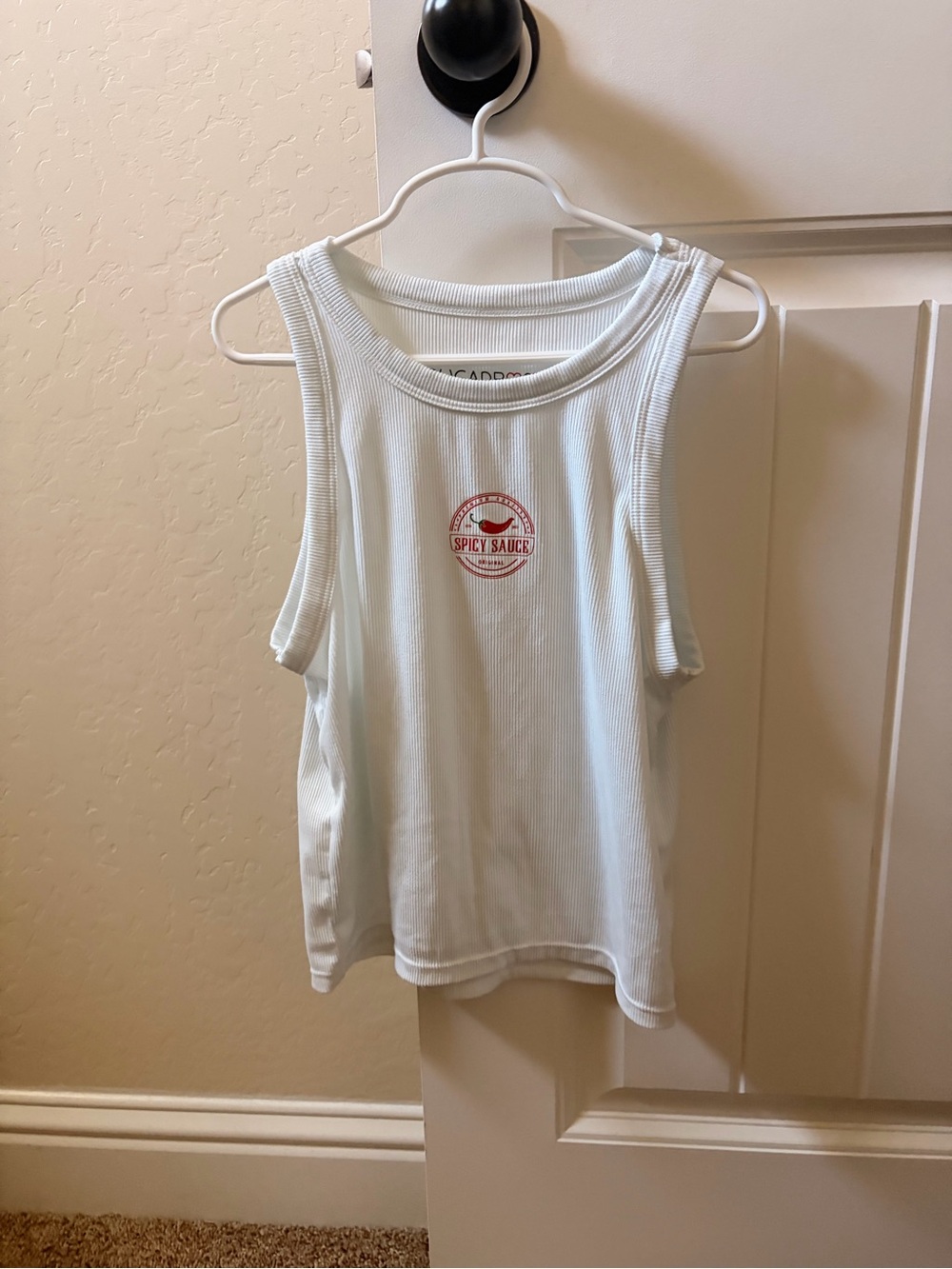 Sugar White Ribbed Tank Top with Red Spicy Sauce Logo